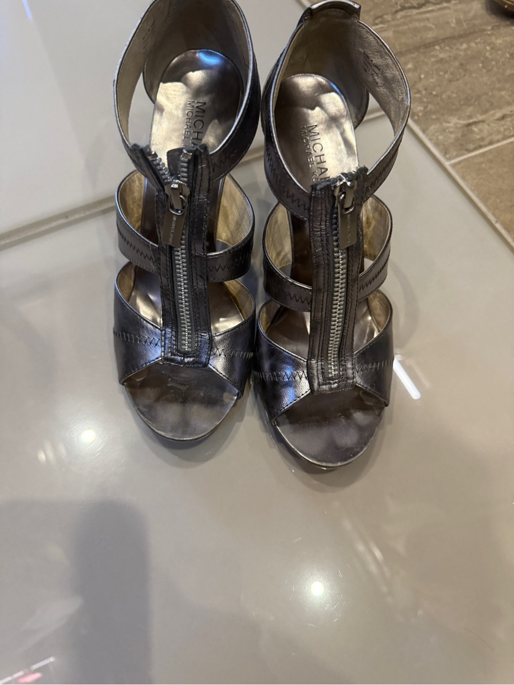 Michael Kors Metallic Pewter Strappy Zip-Heel Sandals